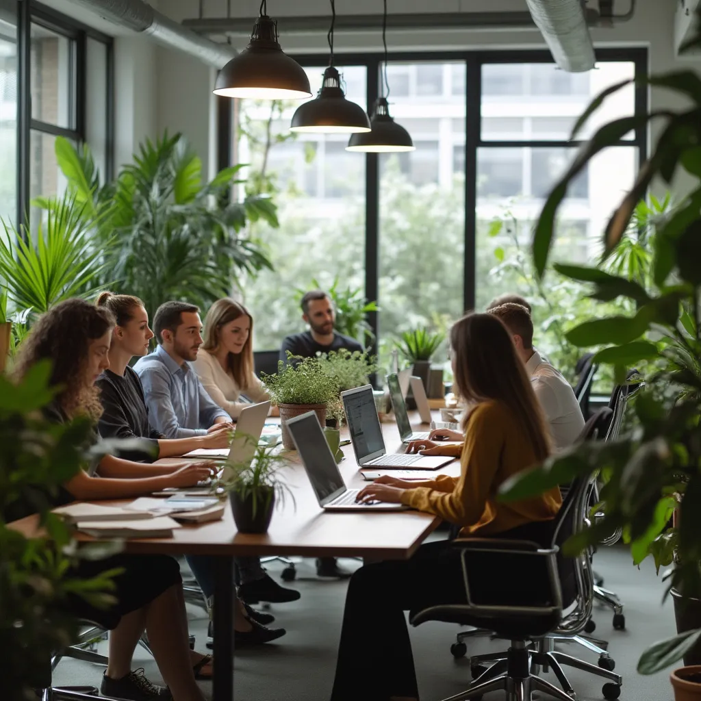 Equipo de FinanEco en reunión estratégica, ambiente ecológico y moderno