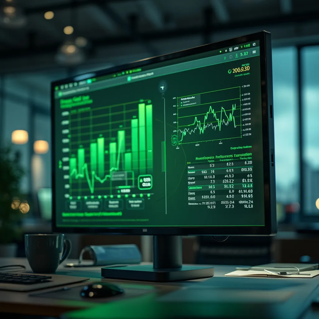 Presentación de datos financieros sostenibles en pantalla digital con gráficos verdes