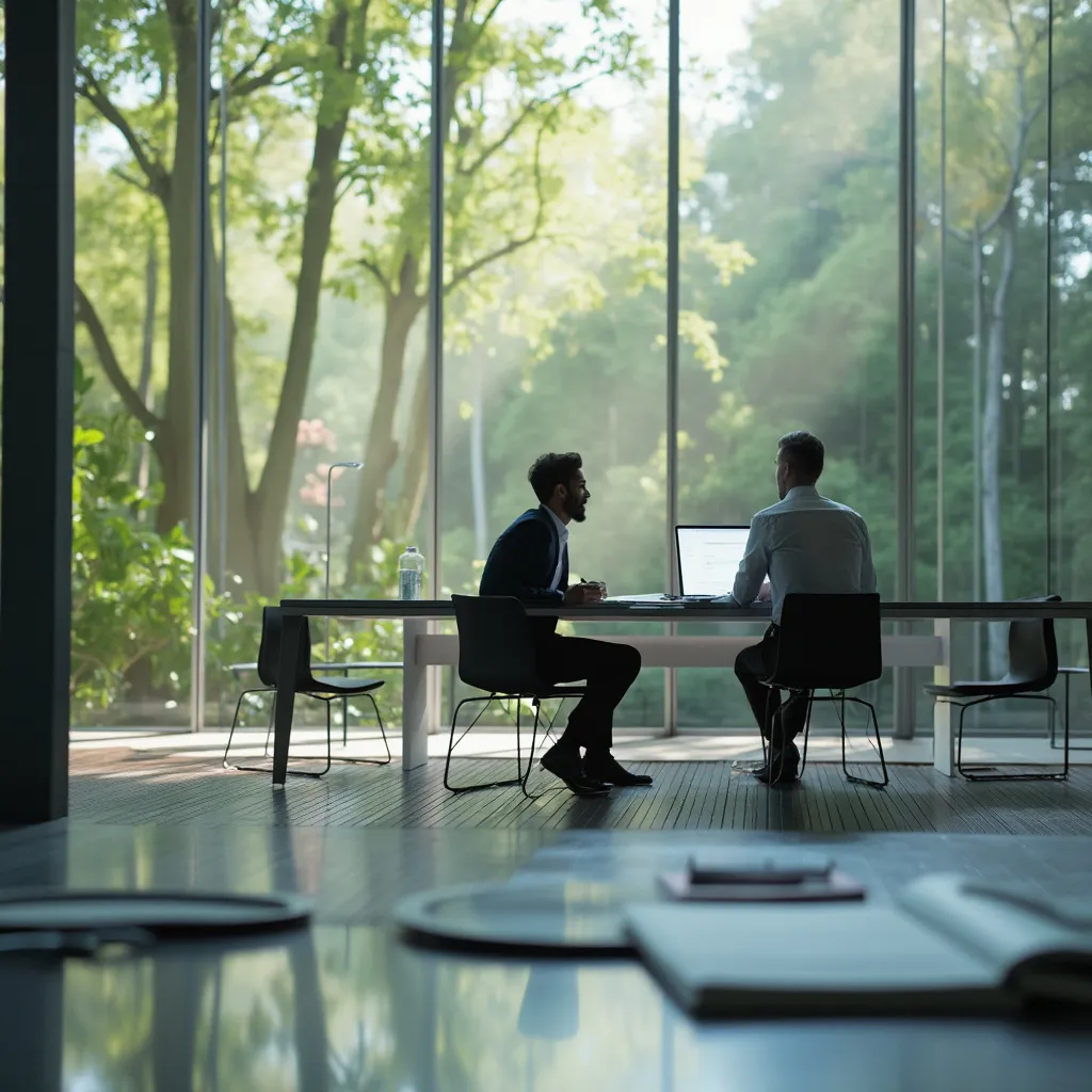 Consultores FinanEco colaborando en proyecto con elementos naturales y tecnología
