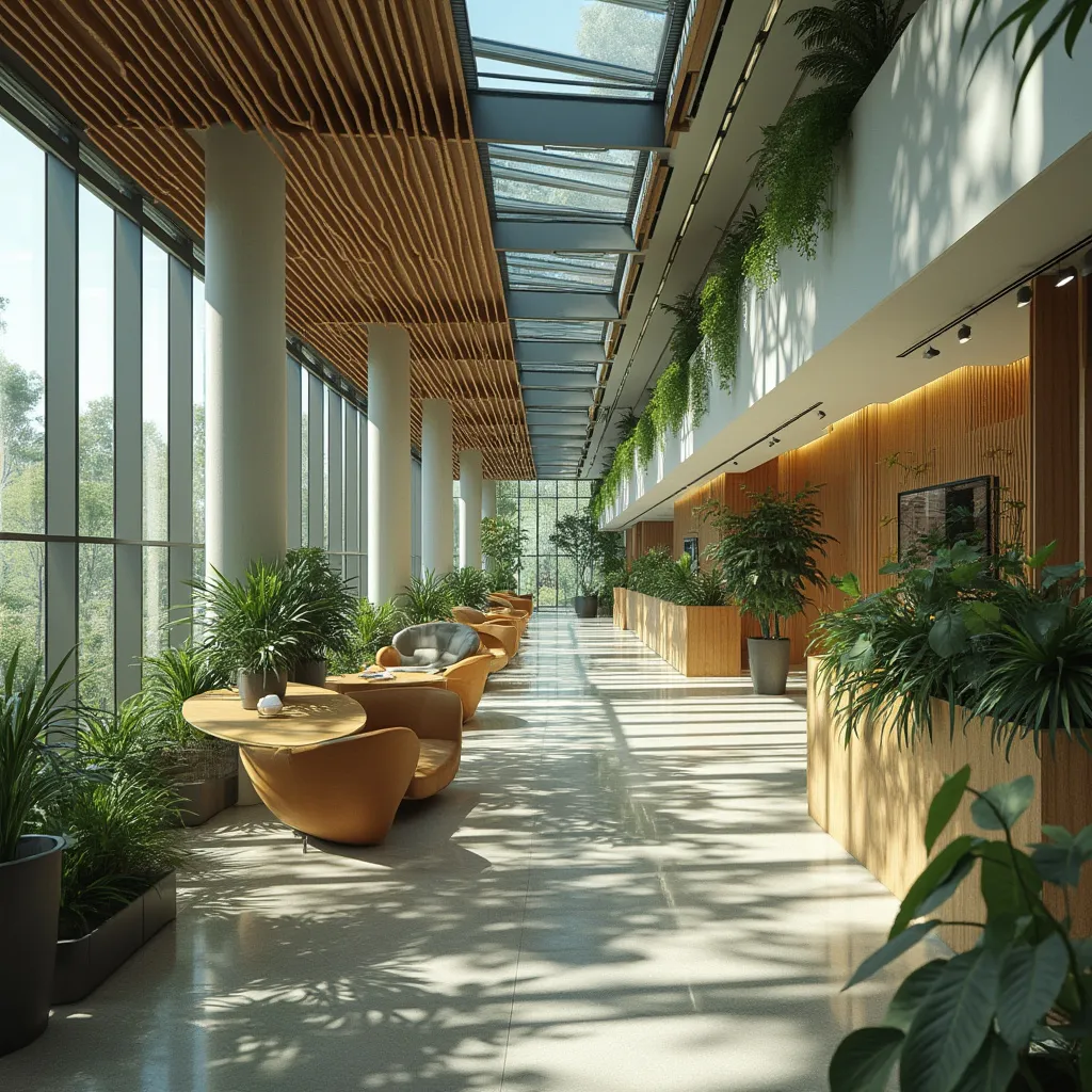 Oficina central de FinanEco con decoración verde y moderna, ambiente profesional